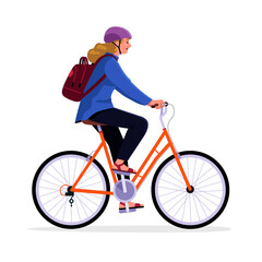 Obraz premium Confident Business Young Woman Cycling with Helmet and Backpack - Colorful Vector Illustration on Transparent Background