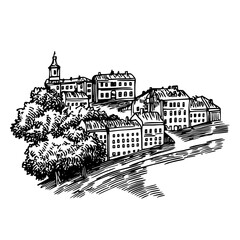 Engraved vintage illustration of a quaint hillside village with houses and a church tower