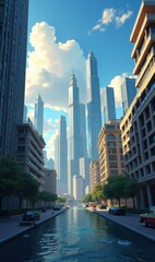 Fototapeta premium A stunning cityscape featuring towering skyscrapers beside a serene canal, perfect for showcasing urban development, architecture, and modern living.