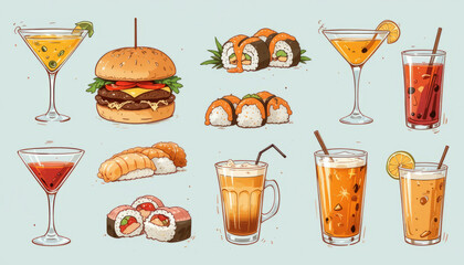 Delicious food and drinks including sushi, burgers, and cocktails
