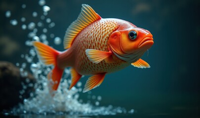 Fototapeta premium A vibrant goldfish swimming gracefully through clear water, capturing the essence of aquatics and the beauty of underwater life.