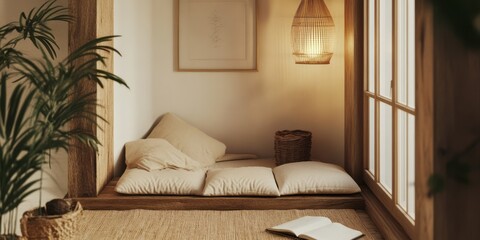 Fototapeta premium A cozy reading nook with natural light and wooden accents exists