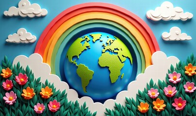 Naklejka premium A vibrant, playful representation of Earth surrounded by flowers and a rainbow, perfect for themes of sustainability, creativity, or childrens projects.