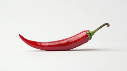 A red chili pepper rests on a white surface, showcasing its vibrant color and green stem.