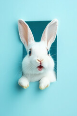 Obraz premium A white rabbit is looking out of a hole in a blue wall