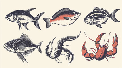 Fish and seafood silhouettes for vintage logo or label icons. Ocean salmon, tuna, dorado and lobster, prawn and squid. Sea food set. Marine or aquatic wildlife inhabitants for restaurant