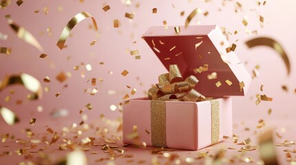 Fototapeta premium Pink Gift Box Surrounded By Golden Confetti