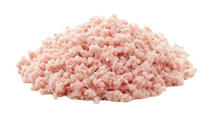 Pile of finely ground, processed meat, light pink color, against black