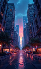 Fototapeta premium A stunning urban landscape at dusk, featuring skyscrapers and a reflective street. Perfect for city life, architecture, and travel themes in business presentations or promotions.