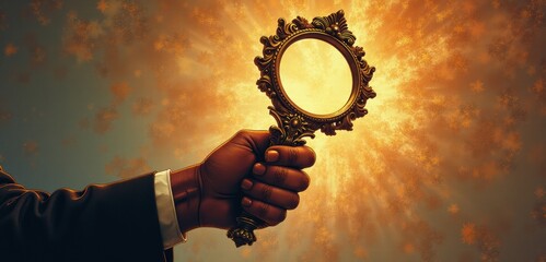 A striking image of a hand holding an ornate mirror, radiating light, symbolizing reflection, insight, and self-discovery. Ideal for personal development themes.