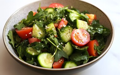 Fresh Cucumber Tomato Salad with Arugula and Sesame Seeds