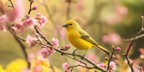 Yellow bird on a tree branch surrounded by blooming pink flowers.