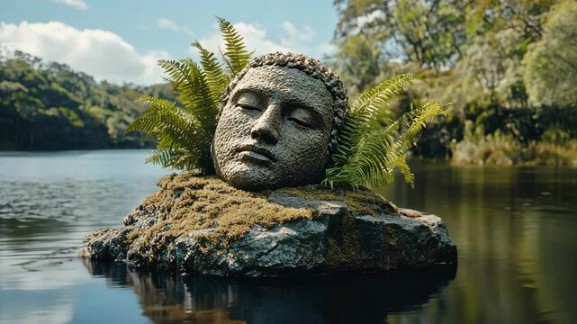 Tranquil sculpture of a serene face surrounded by ferns on a rock in a calm lake during daylight