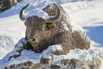 Majestic Bronze Bison Statue Winter Snow Scene Mountain Wildlife Animal Sculpture Cold Nature Photography Snowy Landscape Powerful Horned Bull art ice
