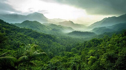 Obraz premium Lush green tropical mountains covered in verdant vegetation under cloudy sky
