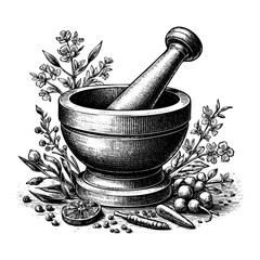 Herb mortar pestle engraving black and white outline. Scratch board imitation. illustrated in vintage line art style on a white background.
