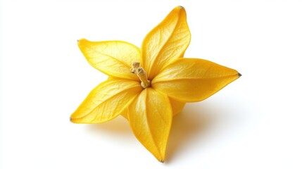 A vibrant yellow flower rests elegantly on a clean white surface.
