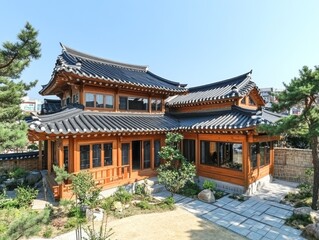 Obraz premium A traditional style wooden building with tiled roof and surrounding garden