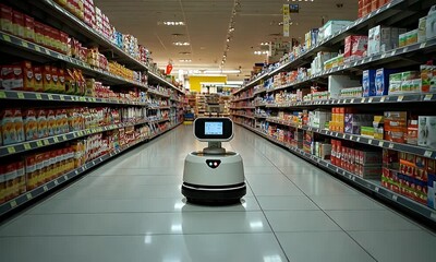 Grocery store robot navigating aisles - Powered by Adobe