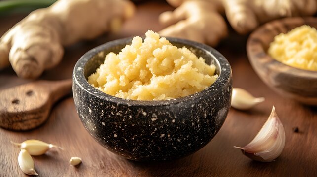 Ginger and garlic mash crushed mixture in wooden bowl.