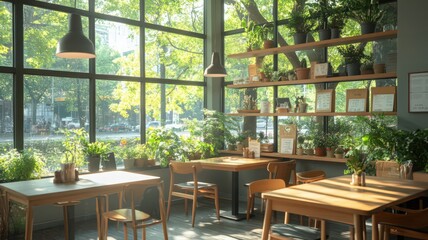 Fototapeta premium Sunlit Cafe Interior with Abundant Greenery and Wooden Furniture