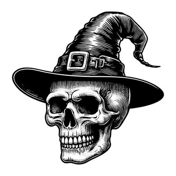 recommend clip art: Skull wear witch hat engraving black and white outline. Scratch board imitation.  illustrated in vintage line art style on a white background.
                    