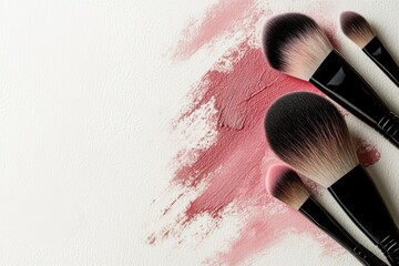 Beautifully arranged makeup brushes with soft blush strokes on a light background in a minimalist artistic style Generative AI