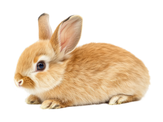Small, fluffy, tan rabbit with big ears and dark eyes