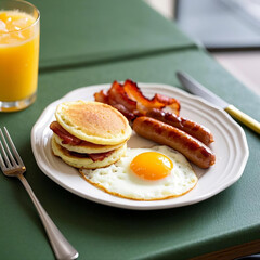 Delicious Hotel Breakfast with Omelette, Sausages, and Orange Juice