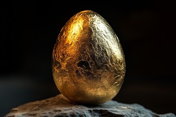 Fototapeta premium Luxury Golden Egg on Dark Stone Background Rich Texture Elegant Design Precious Metal Easter Symbol Wealth Prosperity Success Festive Decoration 