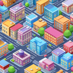 Colorful cartoon cityscape with various buildings and trees