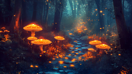Enchanting luminescent fungi forest path. Alien Fungi. Illustration