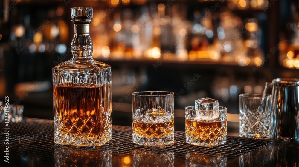 Poster indulge in luxury at a stylish bar counter featuring premium whiskey and crystal glasses in an invit