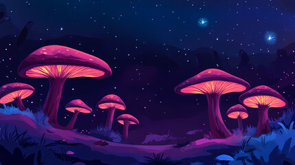 Glowing alien fungi landscape under starry night. Alien Fungi. Illustration