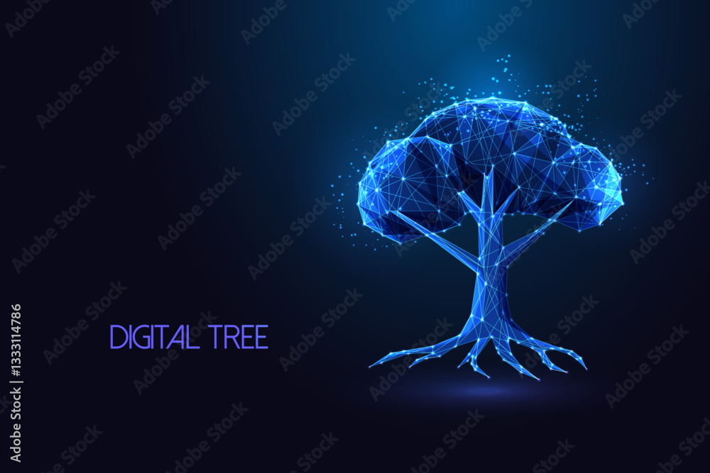 Wall mural sustainable digital tree with polygonal blue wireframe structure on dark blue background. esg vector