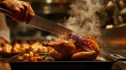 Roasted Chicken culinary masterpiece: A steaming hot roasted chicken being expertly carved.