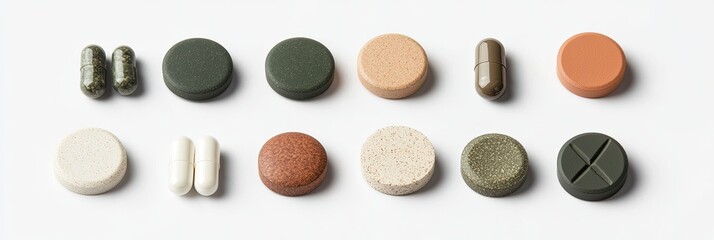 Assorted pills and capsules on white background