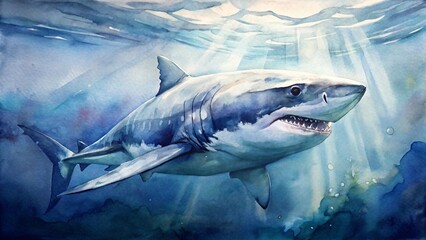 Naklejka premium Watercolor painting of a great white shark swimming underwater with sunlight streaming through the water in the deep blue ocean