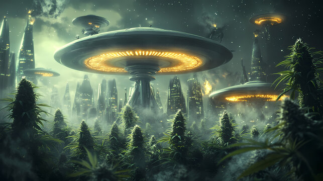 Ufos grow alien marijuana in a parallel universe. Alien Fungi. Illustration