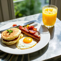 Delicious Hotel Breakfast with Omelette, Sausages, and Orange Juice