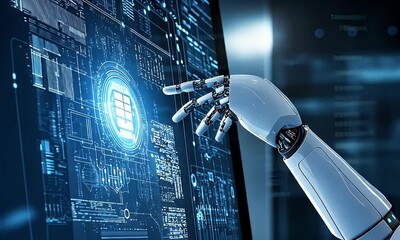 Robotic arm interacting with solar panel digital interface - Powered by Adobe