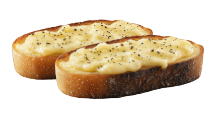 Two cheese toasts, golden crusts, creamy topping, pepper sprinkled. Delectable snacks