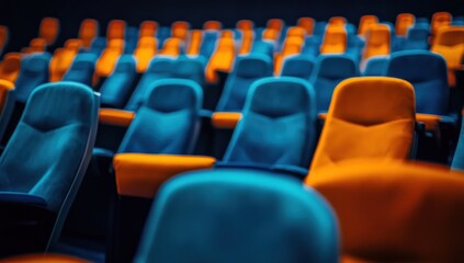 Naklejka premium Cinema Seats: A Colorful Arrangement of Theater Chairs
