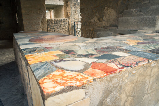 Colorful Ancient Mosaic Countertop in Historical Site, Pompeii, Italy