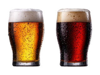 Two beer glasses, one pale and one dark, with foamy heads on black