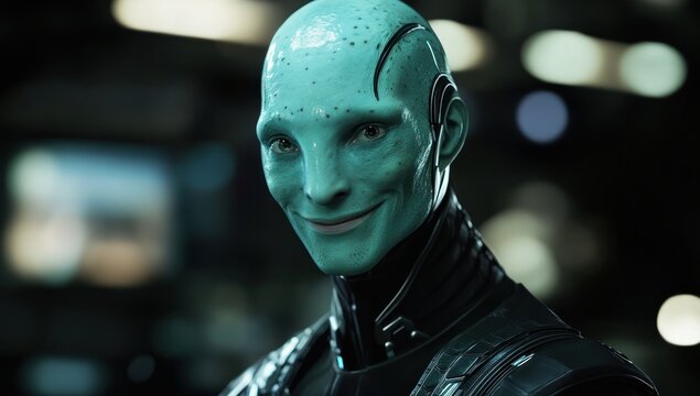 The Enigmatic Smile of a Teal-Skinned Android