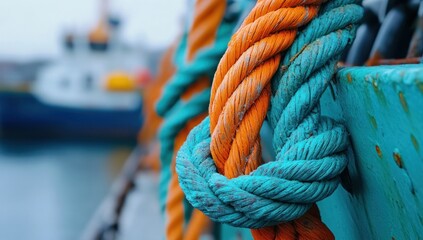 Intricate Knot of Turquoise and Orange Ropes on a Boat