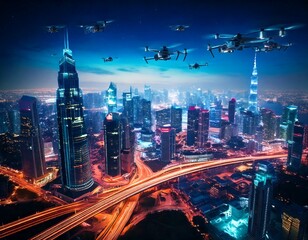 Fototapeta premium Hyper-realistic night view of a neon-lit smart city with futuristic skyscrapers and flying drones - Generated image