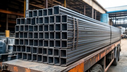 Steel Square Tubes on a Truck at a Metal Factory