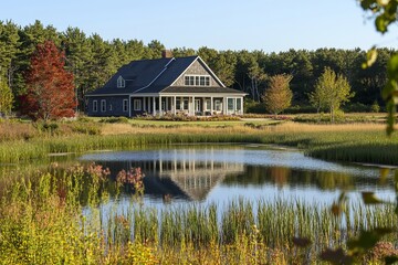 Obraz premium Stunning Waterfront Home Autumn Landscape Peaceful Pond House Exterior Design Beautiful Residential Architecture Luxury Real Estate Property Lakefront